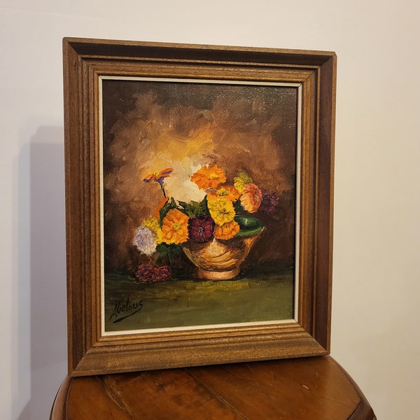 Tableau peinture à l'huile fleurs, cadre en bois