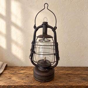 May include: A dark brown metal hurricane lantern featuring a clear glass globe protected by a wire cage. The lantern has a circular base, a central wick mechanism, and a curved metal handle at the top for carrying or hanging the object securely.