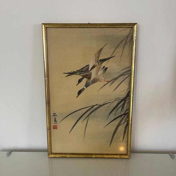 Tableau peinture sur soie canards asiatique cadre doré