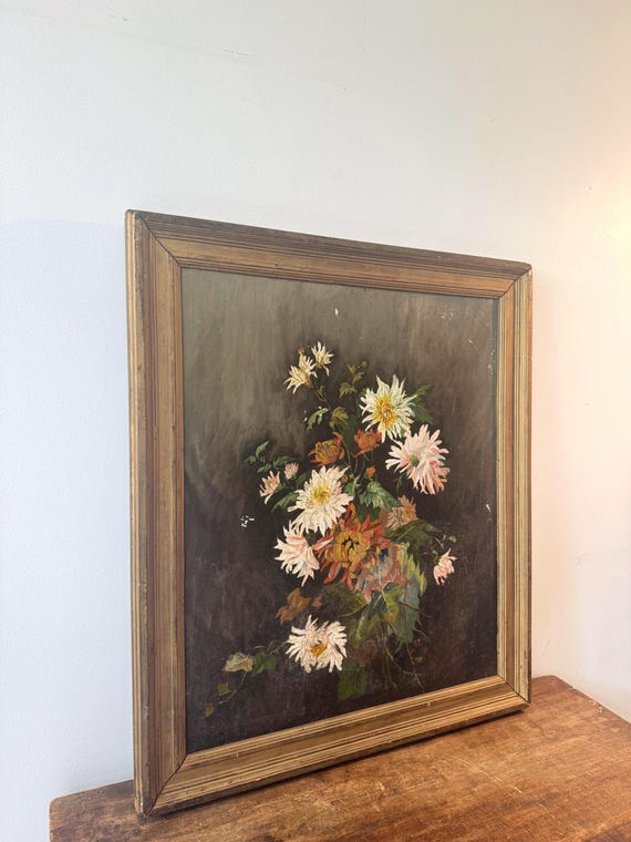 Tableau peinture fleurs vintage cadre doré