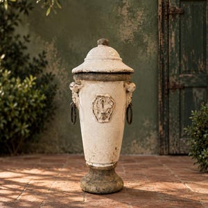 Pode incluir: Uma urna de cerâmica em tom branco sujo com tampa a condizer, apresentando um emblema hexagonal central com relevo de flor-de-lis, duas pegas laterais com anéis de metal escuro e uma base texturizada e desgastada em tom azeitona.