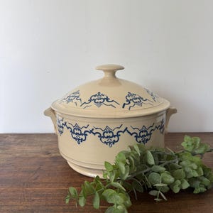 May include: A beige ceramic lidded serving dish with blue floral patterns. The dish has two handles and a knob on the lid. The dish is on a wooden surface with green foliage.