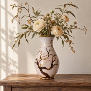 Könnte beinhalten: Eine Keramikvase mit glänzend cremeweißer Oberfläche und einem handgemalten, dunkelbraunen Baummotiv. Die Vase ist mit einem Arrangement aus cremefarbenen Ranunkeln, zarten weißen Füllblumen und dünnen, beblätterten grünen Zweigen gefüllt.