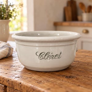 Antique Cléret white stoneware salad bowl with lion heads – Vintage French ceramic – Large serving bowl