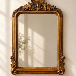 Könnte beinhalten: Ein rechteckiger Wandspiegel mit einem verzierten goldenen Rahmen. Die Oberseite zeigt ein markantes Muschelmotiv, das von Blattverzierungen flankiert wird. Die Seiten sind mit floralen Akzenten und Blattwerk an den unteren Ecken geschmückt.