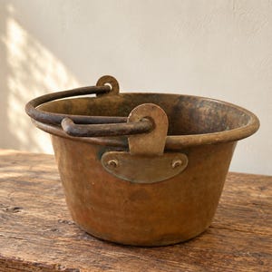 Caldero antiguo de cobre - Asa de hierro - Maceta de 27 cm - Decoración de estilo rústico