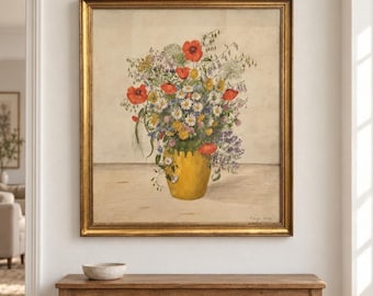 Original watercolor bouquet of flowers – Vintage poppy painting – Large gold frame 80 × 70 cm