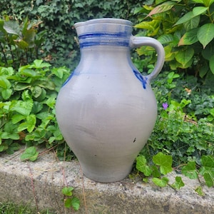 May include: A gray ceramic pitcher with a rounded body and a handle. The pitcher has blue stripes around the rim and a blue accent on the handle. The pitcher is sitting on a stone surface, surrounded by greenery.