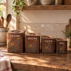 Könnte beinhalten: Ein Set aus vier quadratischen Holzbehältern mit Deckeln, die jeweils mit handgemalten Blumenmotiven in Rosa, Gelb und Grün verziert sind. Die Behälter sind mit weißer Schrift beschriftet: FARINE, SUCRE, CAFE und SEL, sortiert nach abnehmender Größe.