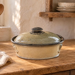 Peut inclure: Un plat à four rond en céramique avec une base beige clair et un couvercle vert sauge moucheté. Le couvercle présente une poignée centrale circulaire sombre et nervurée. Le plat possède deux petites anses latérales et un bord texturé sombre.