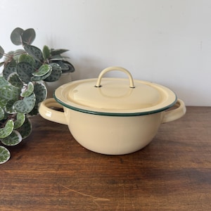 Vintage white and green enamel casserole dish
