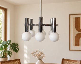 Vintage 1970s opaline chandelier, chrome Space Age pendant light with 6 globes