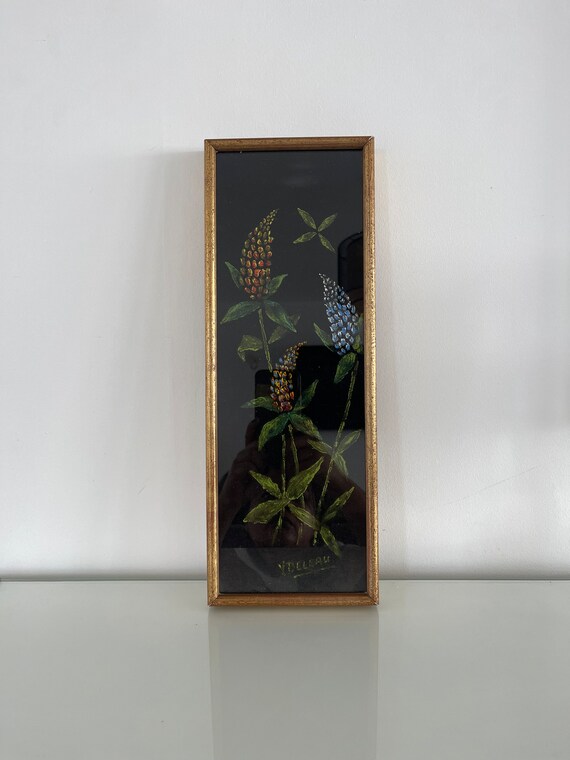 Painting of Flowers on Black Velvet With a Gilded Wooden