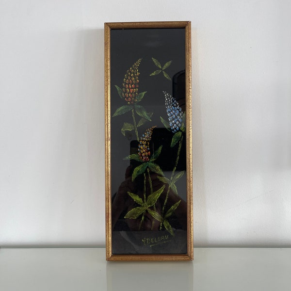 Tableau peinture fleurs sur velours noir cadre bois doré