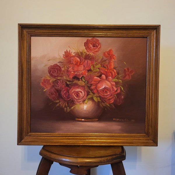 Tableau peinture à l'huile fleurs cadre en bois vintage