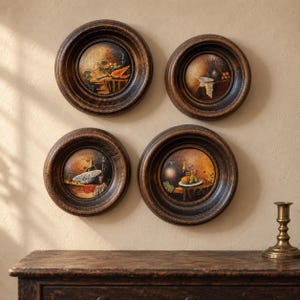 May include: Four circular wall art pieces featuring still life paintings of fruit, bottles, and tableware. Each painting is encased in a thick, dark brown, textured wooden frame with a deep, rounded profile, arranged in a two-by-two grid pattern.