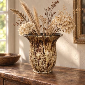 Peut inclure: Un vase en céramique avec un bord évasé et un vernis texturé et tacheté présentant des traînées de brun foncé et de crème. Le vase est rempli d'un arrangement d'herbes séchées beiges, de petites branches brunes et de grappes d'hortensias séchés crème.