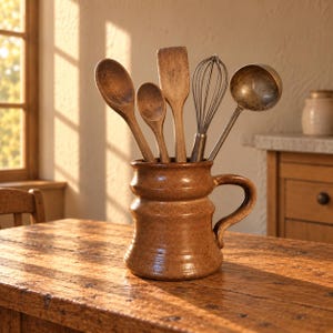 Pode incluir: Um porta-utensílios de cerâmica castanha salpicada com pega, contendo duas colheres de pau, uma espátula de madeira, um batedor de arame metálico e uma concha de metal. O recipiente é cilíndrico com ranhuras horizontais e acabamento brilhante.