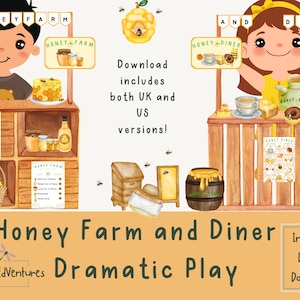 Printable Dramatic Play Honey Farm and Diner Kit, Pretend Play, Preschool and Nursery Activity, Classroom Play, Home School Printable