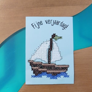 Zeilboot Verjaardagskaart | DIY Kaart | Zeilen Water Natuur Boot Zeilboot Zee Wind | Kruissteek Borduren