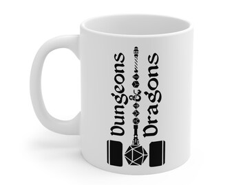 May include: White ceramic mug with a black Dungeons & Dragons logo. The logo features a warhammer with a chain of dice and a dragon.