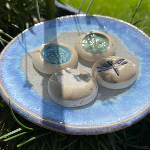 May include: A light blue ceramic dish with a textured rim holds four small, round, ceramic pieces. Each piece has a different design: a turtle, a dragonfly, and two with abstract patterns. The dish is set on green grass.