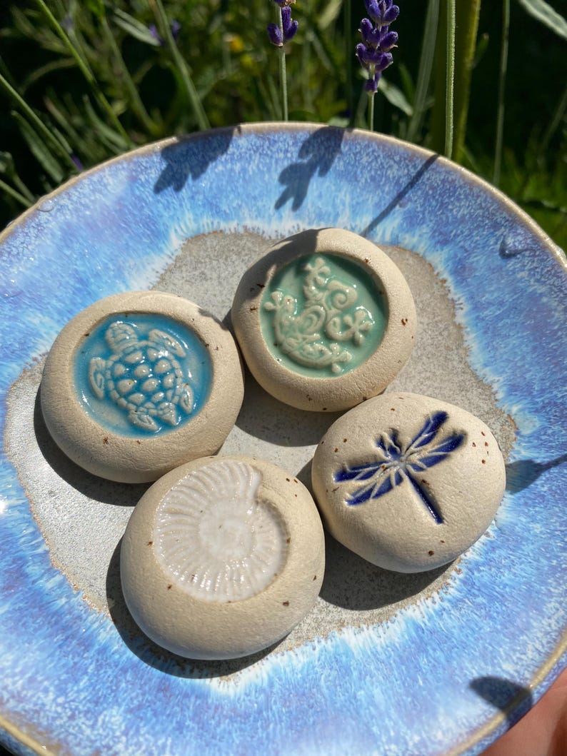 May include: Four small, round, ceramic stones with embossed designs of a turtle, a dragonfly, and other sea creatures, displayed on a blue ceramic plate. The stones are off-white with blue and teal accents. The plate has a blue and gray glaze.