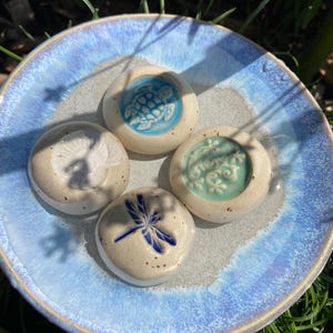 May include: A light blue ceramic plate with a textured rim holds four small, round, off-white ceramic stones. Each stone features a different embossed design: a turtle, a flower, a dragonfly, and a floral pattern. The designs are in shades of blue and green.