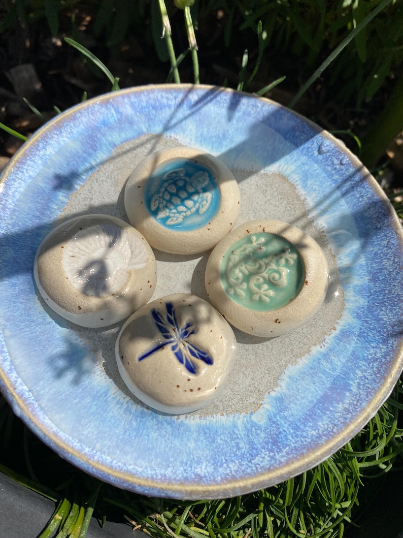 May include: A light blue ceramic plate with a textured rim holds four small, round, off-white ceramic stones. Each stone features a different embossed design: a turtle, a flower, a dragonfly, and a floral pattern. The designs are in shades of blue and green.
