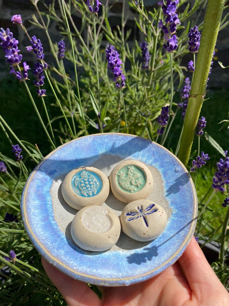 May include: A small, round, blue-glazed ceramic dish holds four small, off-white ceramic stones. Each stone features a raised design: a turtle, a sea creature, a nautilus shell, and a dragonfly. The dish is held in front of a background of lavender.