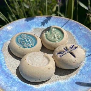 May include: A blue ceramic dish holds four small, round, off-white ceramic stones. Each stone has a different embossed design: a turtle, a seahorse, a dragonfly, and a spiral. The dish has a blue and gray glaze.