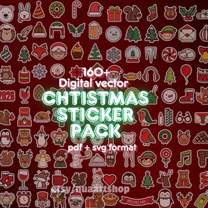 May include: A collection of over 160 digital vector Christmas stickers in various designs, including Santa hats, ornaments, and animals, with the text "CHRISTMAS STICKER PACK" and "pdf + svg format" on a red background.