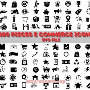 May include: A collection of 100 black e-commerce icons, including shopping carts, delivery trucks, and payment symbols. The text "100 PIECES E COMMERCE ICONS SET SVG FILE" is displayed in red. The Etsy shop name "etsy/nuaartshop" is also visible.