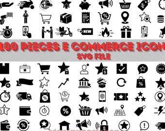 100 E-commerce Icons SVG PNG Set | Digital Shopping, Delivery, Payment Vector Graphics Bundle