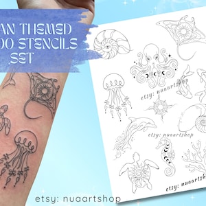 May include: Black and white ocean-themed tattoo stencils set. Designs include a nautilus shell, octopus, jellyfish, dolphin, seahorse, turtle, and coral. The words "OCEAN THEMED TATTOO STENCILS SET" are in the image.