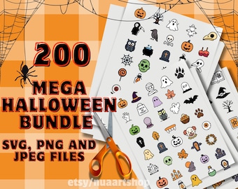 mega Halloween sticker sheet: 200 Spooky Stickers, cute digital halloween stickers PNG SVG JPEG (Digital Download)