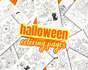 May include: A collection of Halloween coloring pages featuring various spooky and cute illustrations. The pages include witches, ghosts, monsters, and haunted houses. The words "Halloween coloring pages" are displayed in orange and yellow.