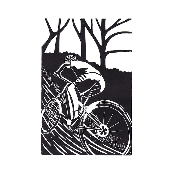 Cyclist. A black and white lino print