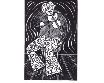 Violinist II Black and white lino print