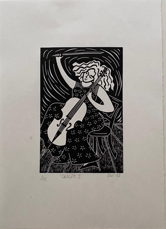 Cellist I Black and White Lino Print - Etsy