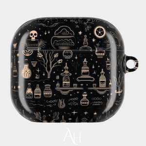 May include: Black AirPod case with a gold-colored, repeating pattern of potion bottles, skulls, and other occult symbols. The case has a glossy finish and a small loop for attaching to a keychain or bag. The design is intricate and detailed.
