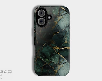 May include: A black phone case with a green and gold marble design.