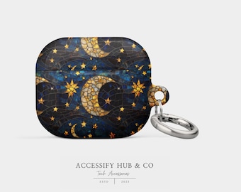 Starry Night Case Covers for AirPod Pro 1, 2 and AirPods 1, 2, 3 Case, Apple AirPod Cases l Celestial Stained Glass Gift Starry Night Moon