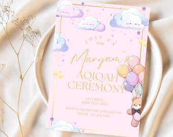 Invitación de Aqiqah para niña / Tarjeta de invitación de Aqeeqah para niñas / Hermosa invitación de Aqiqah / Plantilla de tarjeta de invitación para ceremonia de Aqiqah