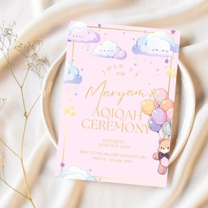 Invitation à la Aqiqah pour petite fille | Carton d'invitation Aqeeqah pour fille | Belle invitation à la Aqiqah |  Modèle de carte d'invitation à la cérémonie de l'Aqiqah