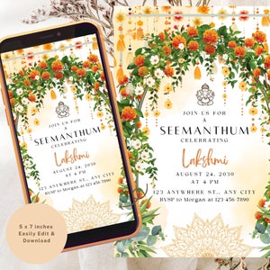 Invito Seemantham / Biglietto d'invito Godh Bharai / Valaikappu e-vite / Invito floreale indiano Baby Shower / Regalo per la nuova mamma / Invito calendula