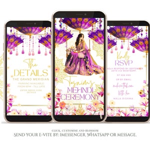 May include: A digital invitation for a Mehndi ceremony. The invitation features a purple and gold design with a woman in a traditional Indian outfit sitting on a swing. The text on the invitation reads "Jagnim's Mehndi Ceremony" and includes details about the event, such as the date, time, and location.