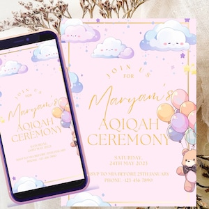 Carte d'invitation Aqiqah | Aqeeqah e-invitation pour fille musulmane | Belle invitation à la Aqiqah | Modèle de carte Akikah d'invitation à la cérémonie d'Aqiqah rose