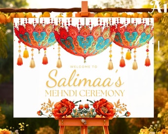 Mehndi & Sangeet Signboard | Mehndi Welcome Sign | Umbrellas Tassels Flowers| Indian wedding decor Islamic Wedding | Sangeet Signs