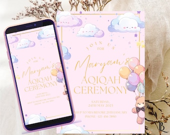 Tarjeta de invitación Aqiqah l / Aqeeqah e-vite para chica musulmana / Hermosa invitación Aqiqah / Invitación a la ceremonia de aqiqah rosa Plantilla de tarjeta Akikah
